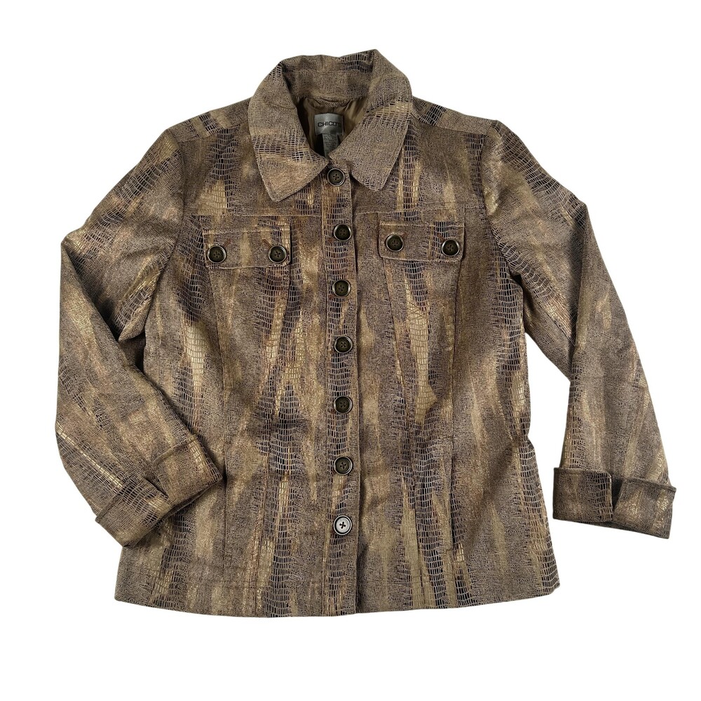 Chico's Jacket Womens 1 Brown Snake Print Button Front Collared Lined Short